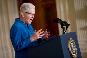 Environmental Protection Agency (EPA) Administrator Gina McCarthy speaks in the East Room at the White House in Washington, Monday, Aug. 3, 2015, before President Barack Obama spoke about his Clean Power Plan. The president is mandating even steeper greenhouse gas cuts from U.S. power plants than previously expected, while granting states more time and broader options to comply. (AP Photo/Andrew Harnik)