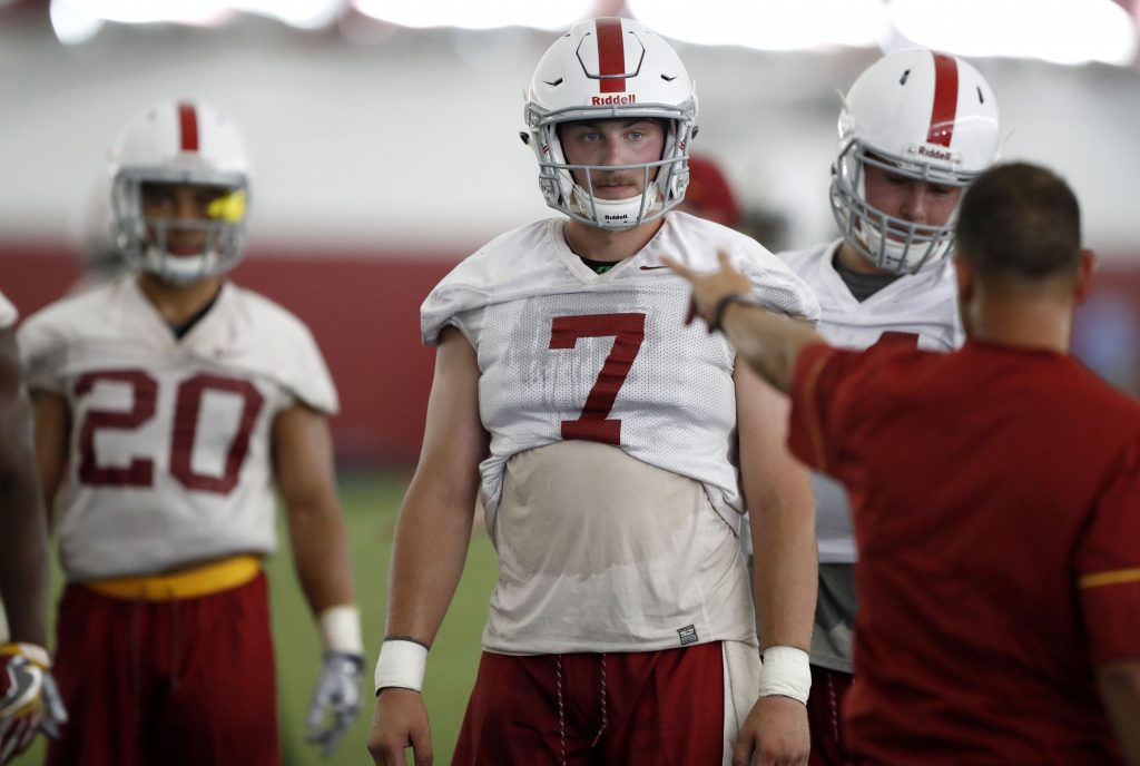 In this July 31, 2017, photo, Iowa State linebacker Joel Lanning (7) participates a drill during an NCAA college football practice in Ames, Iowa. (AP Photo/Charlie Neibergall)