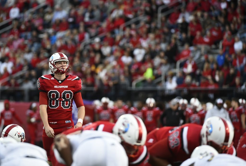 Western Kentucky place kicker Skyler Simcox (88) takes a moment before a field goal attempt against Florida International in an NCAA college football game, Saturday, Nov. 5, 2016, in Bowling Green, Ky. (AP Photo/Michael Noble Jr.)